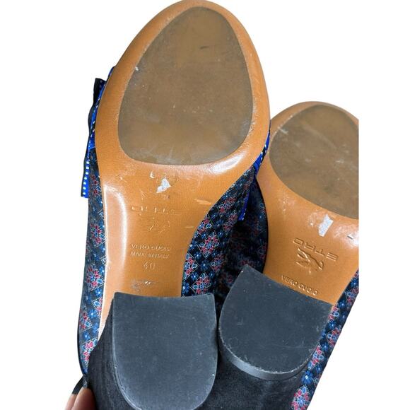 Etro Blue Bow Slingback Heels Sz 40 Brocade Suede Block Heels Made in Italy - Picture 8 of 8
